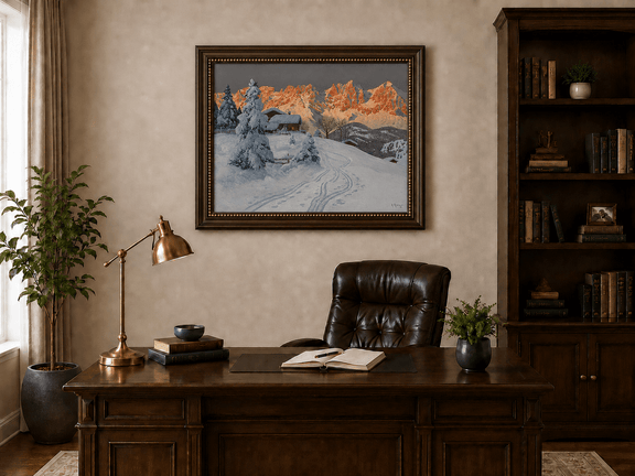 Framed hand-painted winter alpine oil painting with a snowy cabin and mountains at sunset displayed above a traditional home office desk.