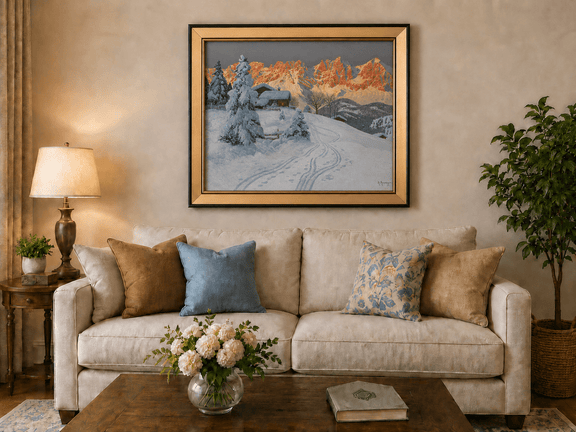 Framed hand-painted winter alpine oil painting with a snowy cabin and mountains at sunset displayed above a neutral living room sofa.