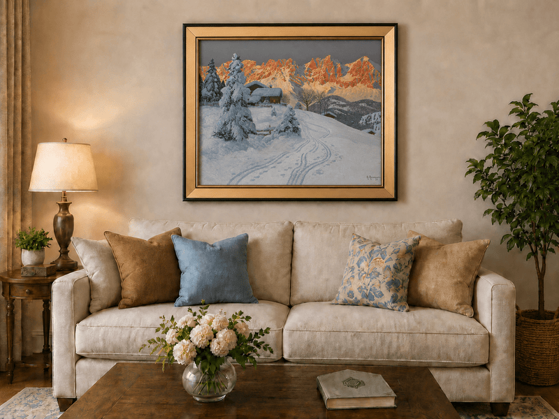 Framed hand-painted winter alpine oil painting with a snowy cabin and mountains at sunset displayed above a neutral living room sofa.
