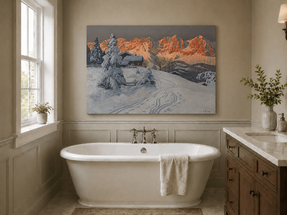Unframed hand-painted winter alpine oil painting with a snowy cabin and mountains at sunset displayed above a freestanding bathtub.