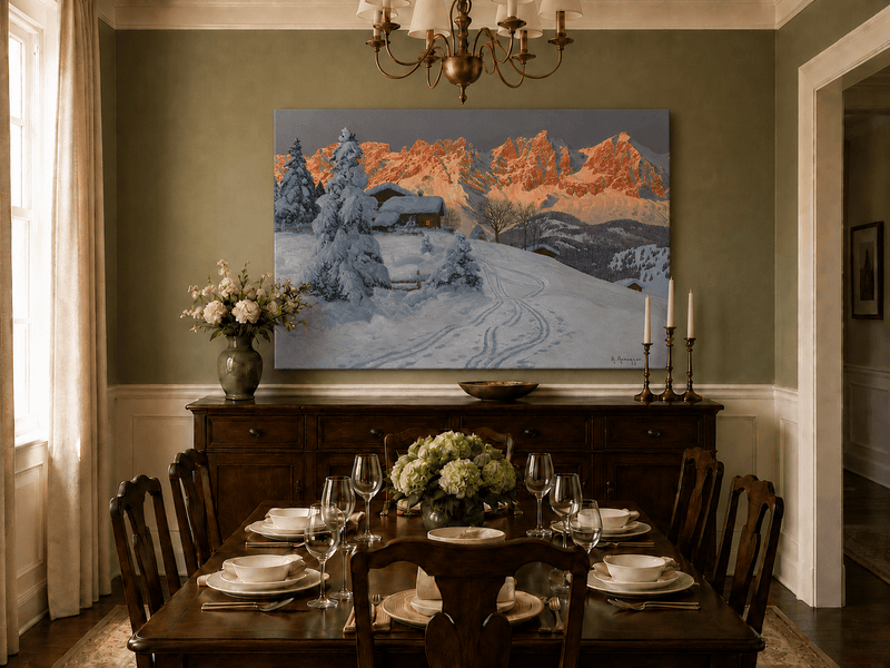 Unframed hand-painted winter alpine oil painting with a snowy cabin and mountains at sunset displayed above a formal dining table.