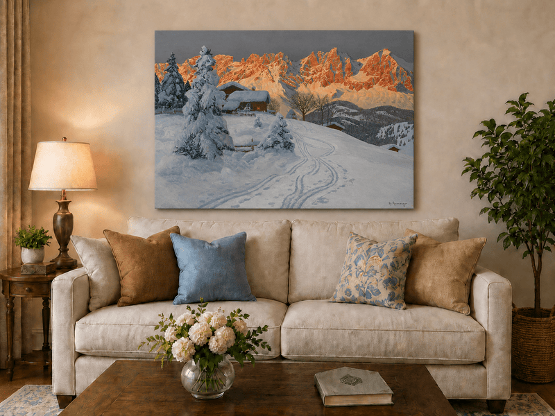 Unframed hand-painted winter alpine oil painting with a snowy cabin and mountains at sunset displayed above a neutral living room sofa.