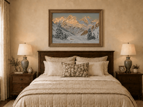 Framed hand-painted alpine winter oil painting with a snowy hut, winding tracks and sunlit peaks displayed above a wooden bed in a neutral bedroom.