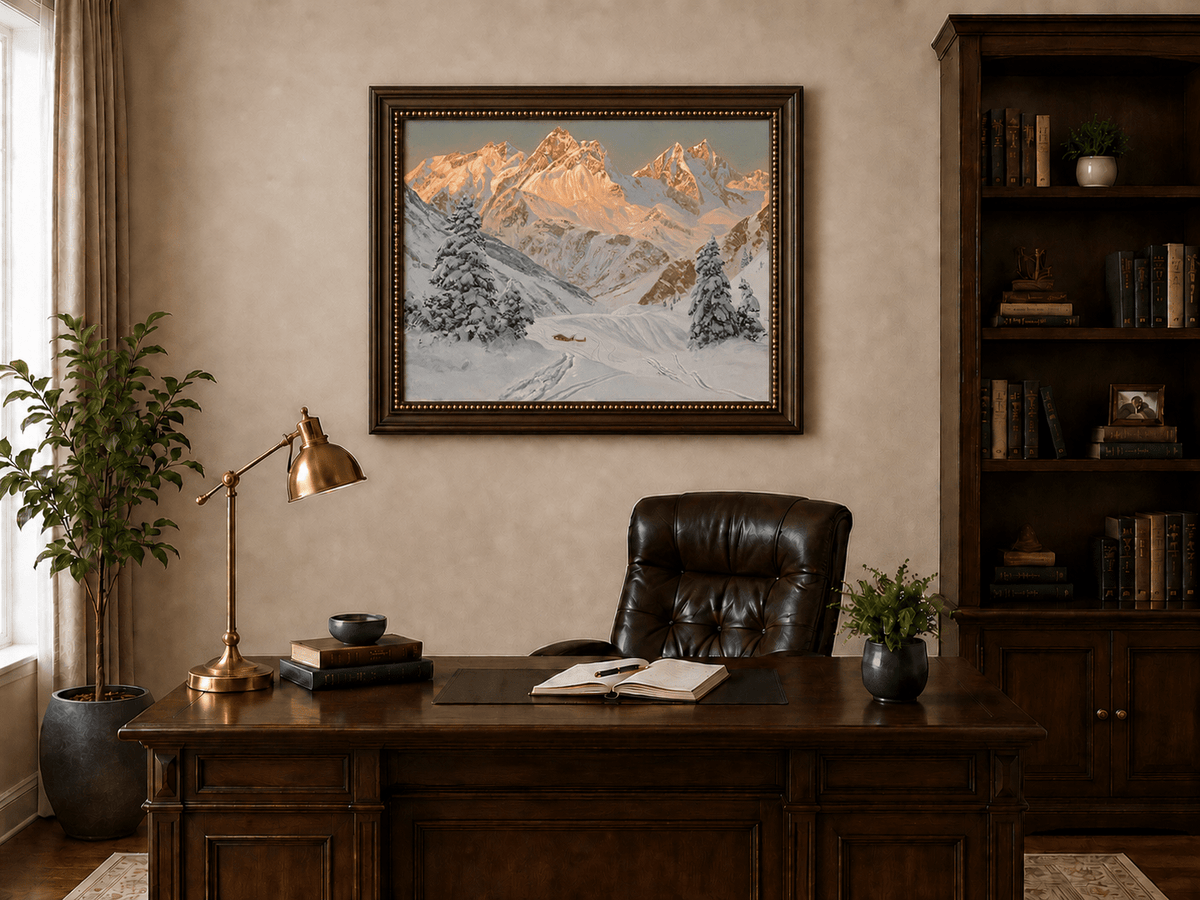 Framed hand-painted alpine winter oil painting with a snowy hut, winding tracks and sunlit peaks displayed above a traditional home office desk.