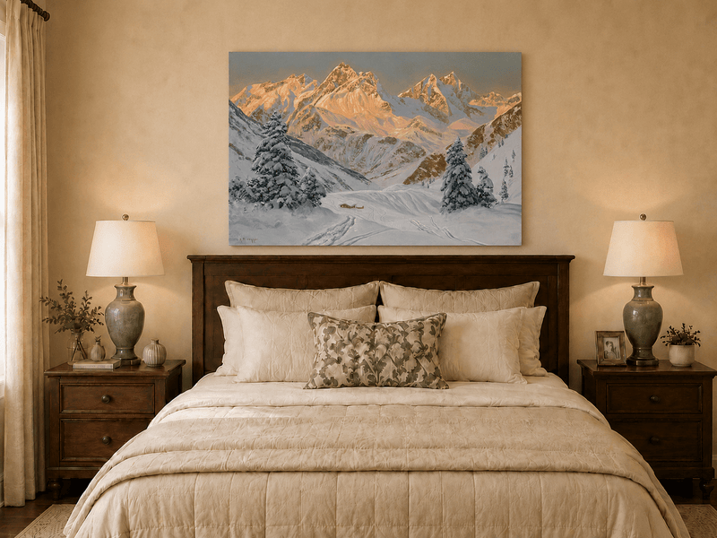 Unframed hand-painted alpine winter oil painting with a snowy hut, winding tracks and sunlit peaks displayed above a wooden bed in a neutral bedroom.