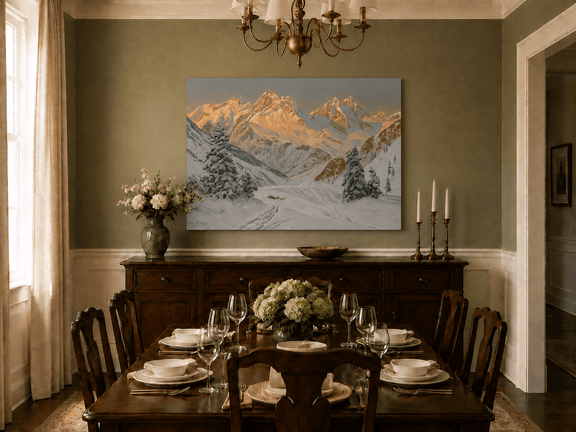 Unframed hand-painted alpine winter oil painting with a snowy hut, winding tracks and sunlit peaks displayed above a formal dining table.