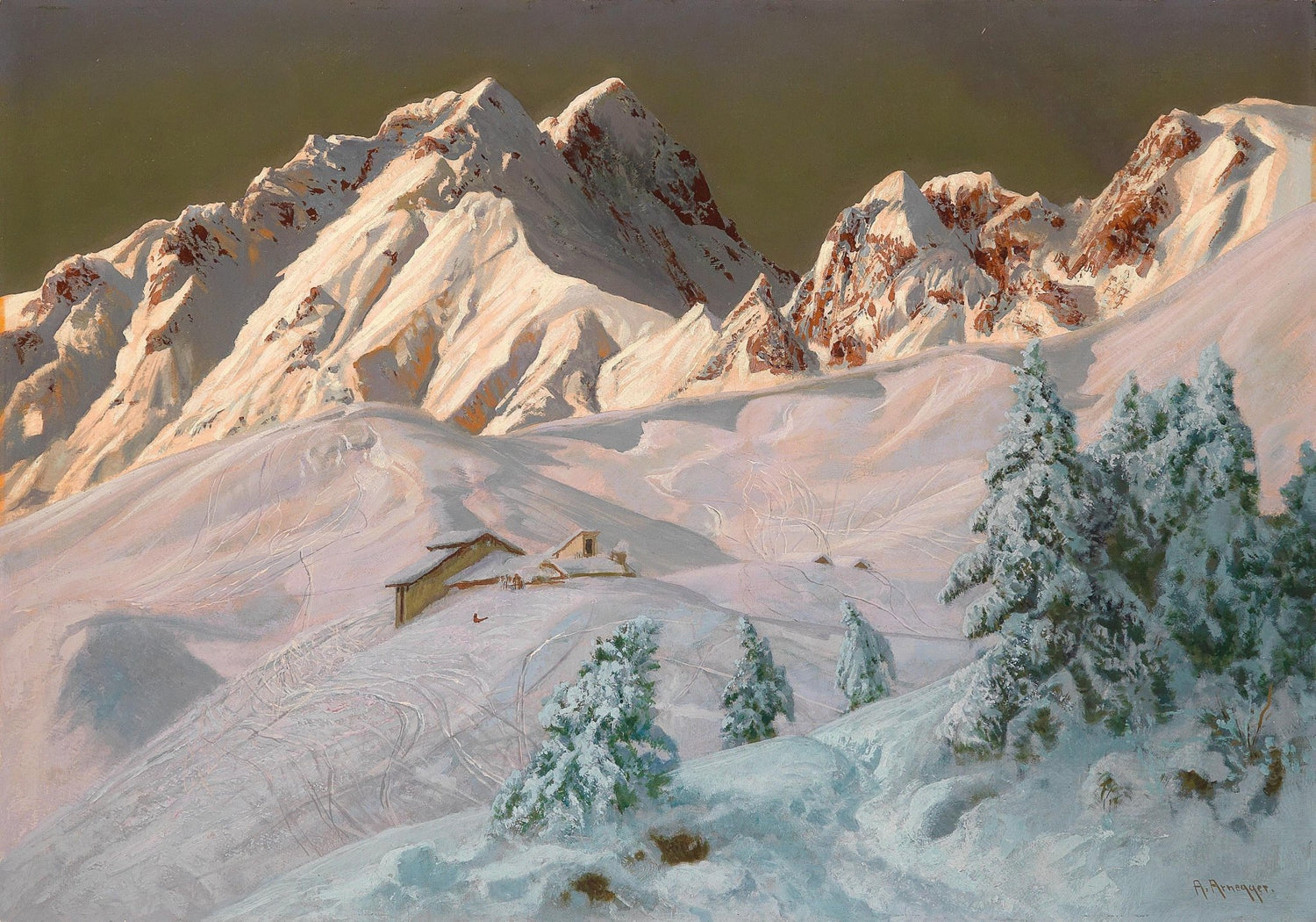 Snowy Alpine Mountains at Dawn – Hand - Painted Landscape Oil Painting - Oil Painting Haven