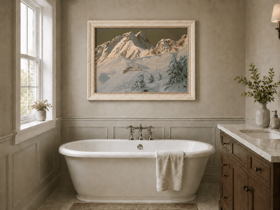 Framed hand-painted alpine oil painting with snowy mountain peaks glowing at dawn displayed above a freestanding bathtub.