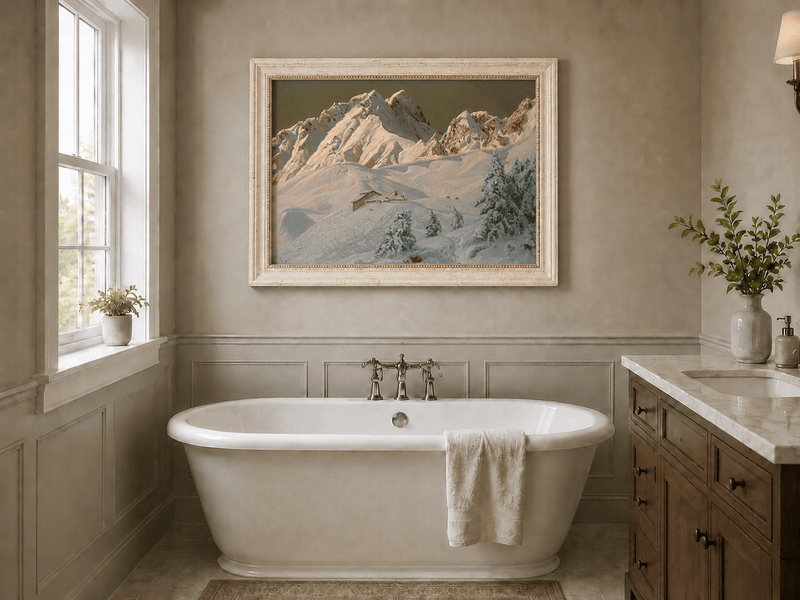 Framed hand-painted alpine oil painting with snowy mountain peaks glowing at dawn displayed above a freestanding bathtub.