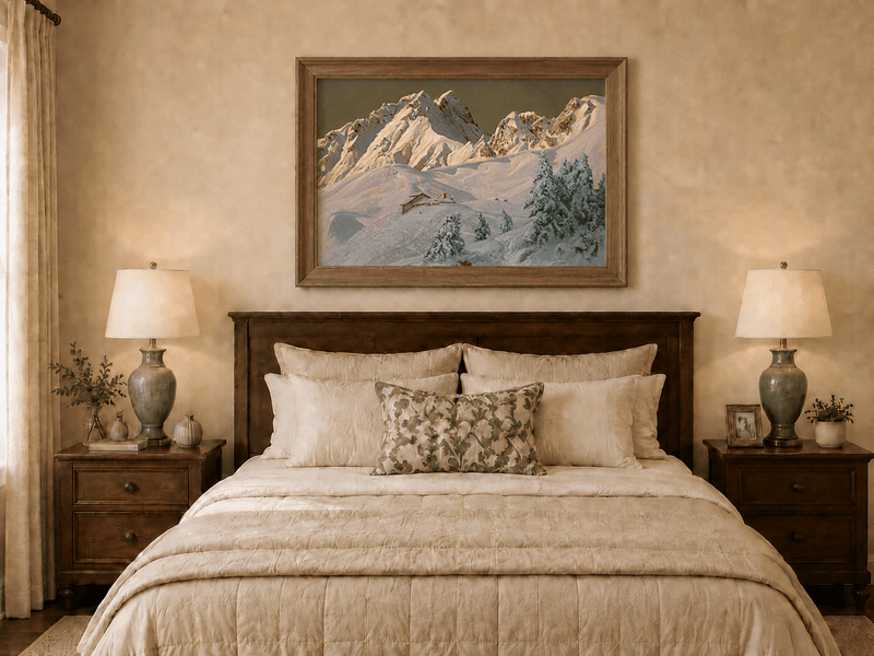 Framed hand-painted alpine oil painting with snowy mountain peaks glowing at dawn displayed above a wooden bed in a neutral bedroom.