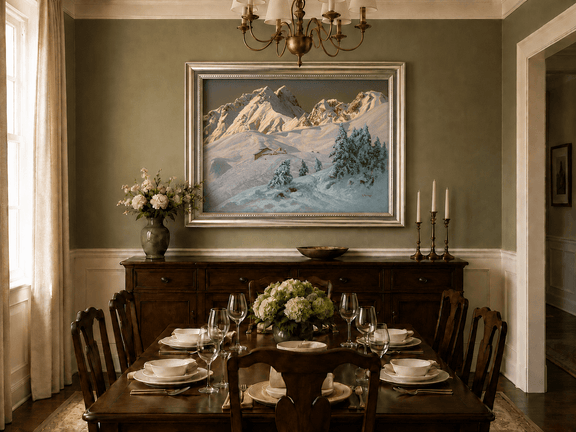Framed hand-painted alpine oil painting with snowy mountain peaks glowing at dawn displayed above a formal dining table.