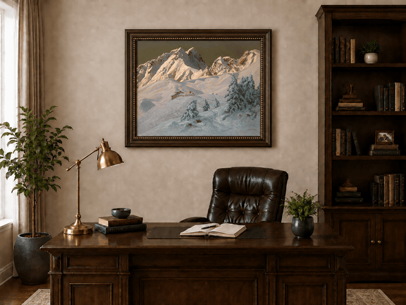 Framed hand-painted alpine oil painting with snowy mountain peaks glowing at dawn displayed above a traditional home office desk.