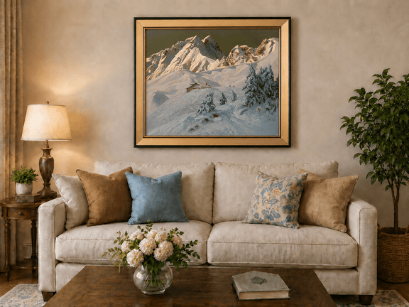 Framed hand-painted alpine oil painting with snowy mountain peaks glowing at dawn displayed above a neutral living room sofa.