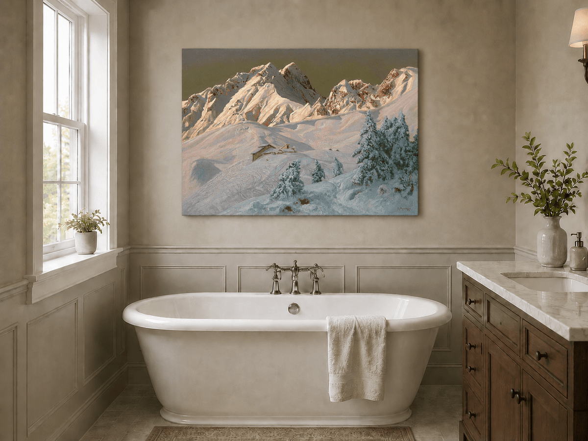 Unframed hand-painted alpine oil painting with snowy mountain peaks glowing at dawn displayed above a freestanding bathtub.