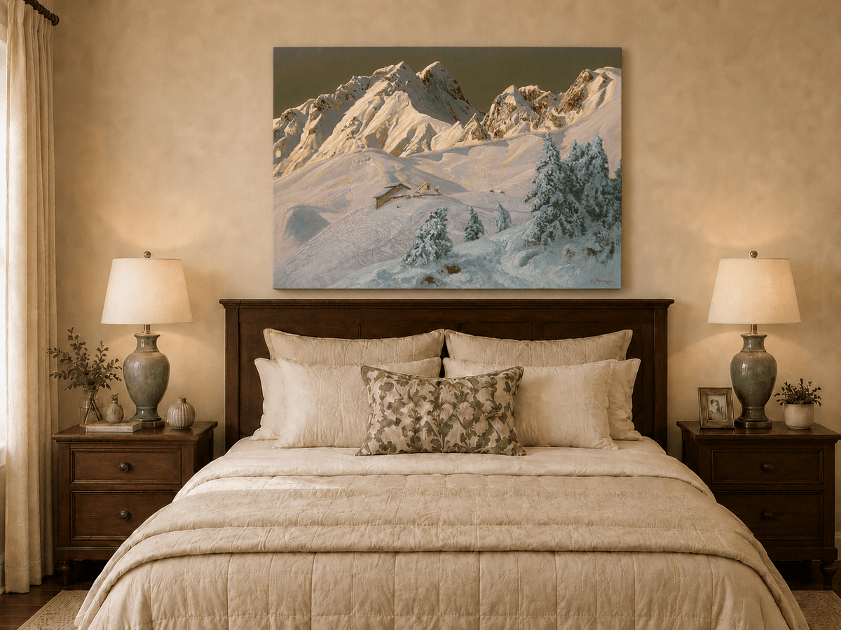 Unframed hand-painted alpine oil painting with snowy mountain peaks glowing at dawn displayed above a wooden bed in a neutral bedroom.