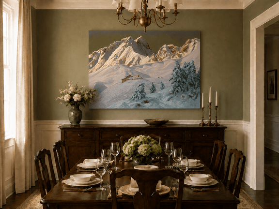 Unframed hand-painted alpine oil painting with snowy mountain peaks glowing at dawn displayed above a formal dining table.