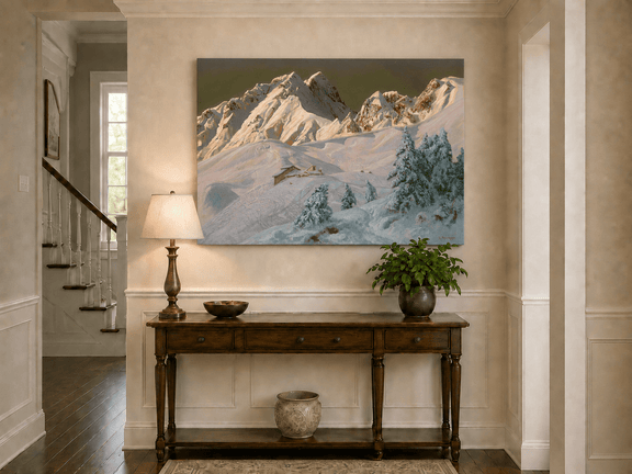 Unframed hand-painted alpine oil painting with snowy mountain peaks glowing at dawn displayed above an entryway console table.