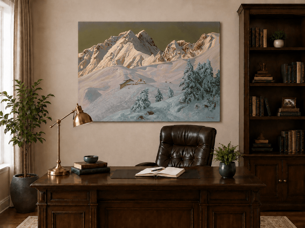 Unframed hand-painted alpine oil painting with snowy mountain peaks glowing at dawn displayed above a traditional home office desk.