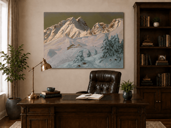 Unframed hand-painted alpine oil painting with snowy mountain peaks glowing at dawn displayed above a traditional home office desk.
