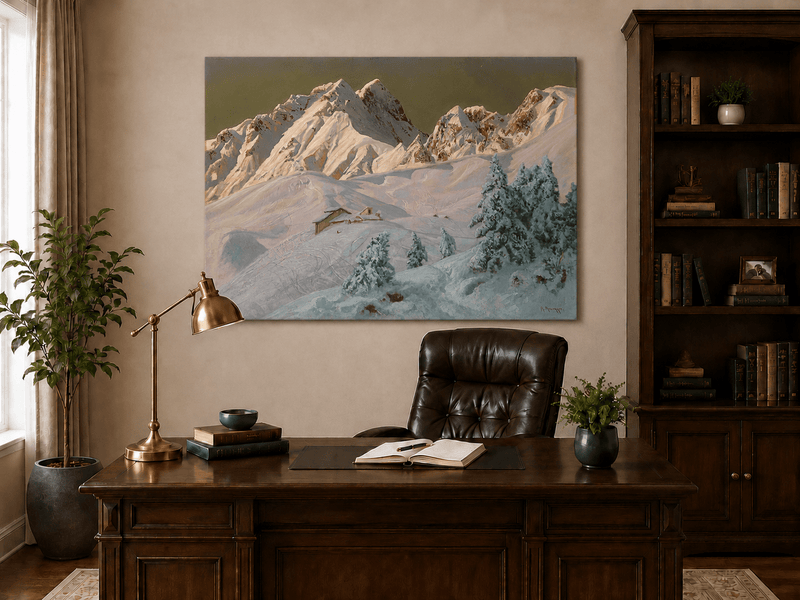 Unframed hand-painted alpine oil painting with snowy mountain peaks glowing at dawn displayed above a traditional home office desk.