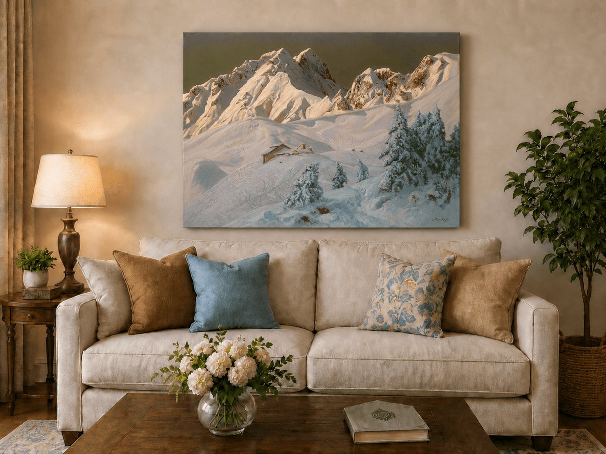 Unframed hand-painted alpine oil painting with snowy mountain peaks glowing at dawn displayed above a neutral living room sofa.