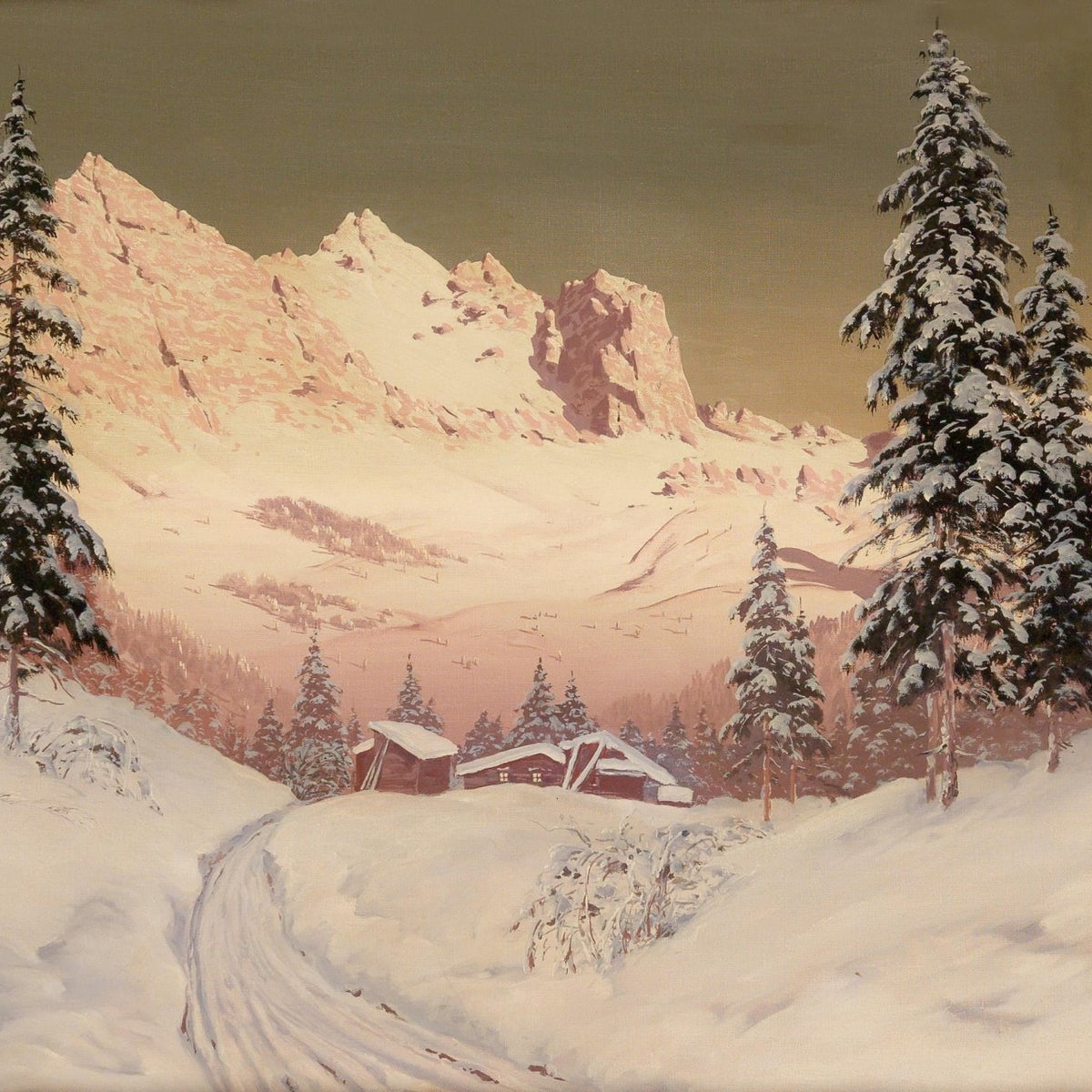 Snowy Alpine Mountains, Pine Cabins – Hand - Painted Landscape Oil Painting - Oil Painting Haven