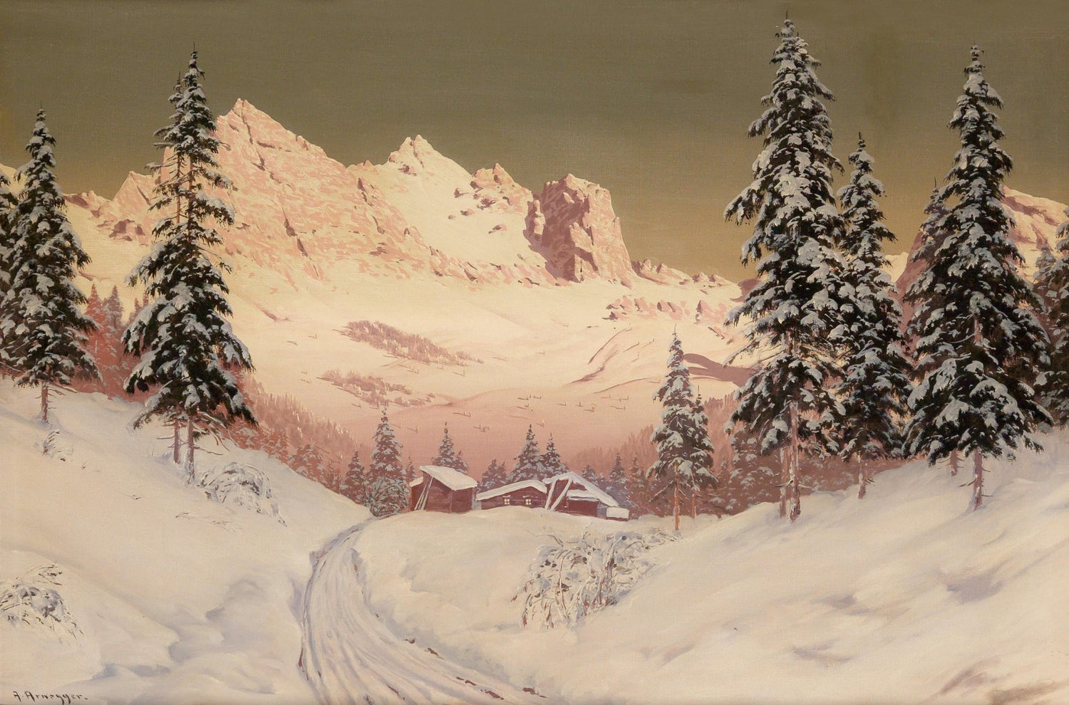 Snowy Alpine Mountains, Pine Cabins – Hand - Painted Landscape Oil Painting - Oil Painting Haven