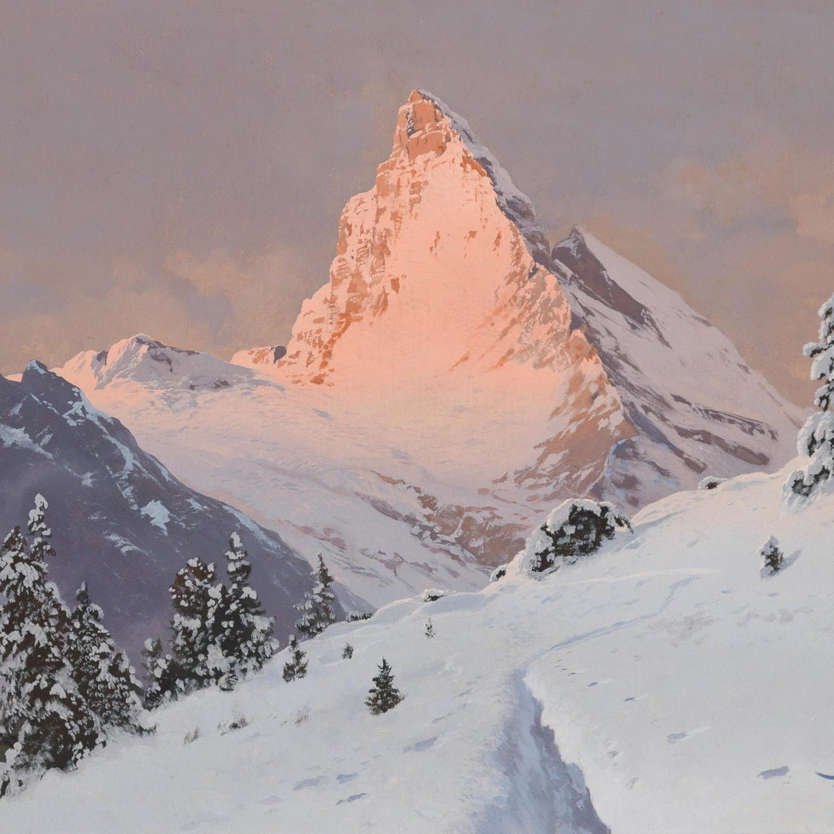 Snowy Alpine Peak at Sunrise - Landscape Oil Painting - Oil Painting Haven