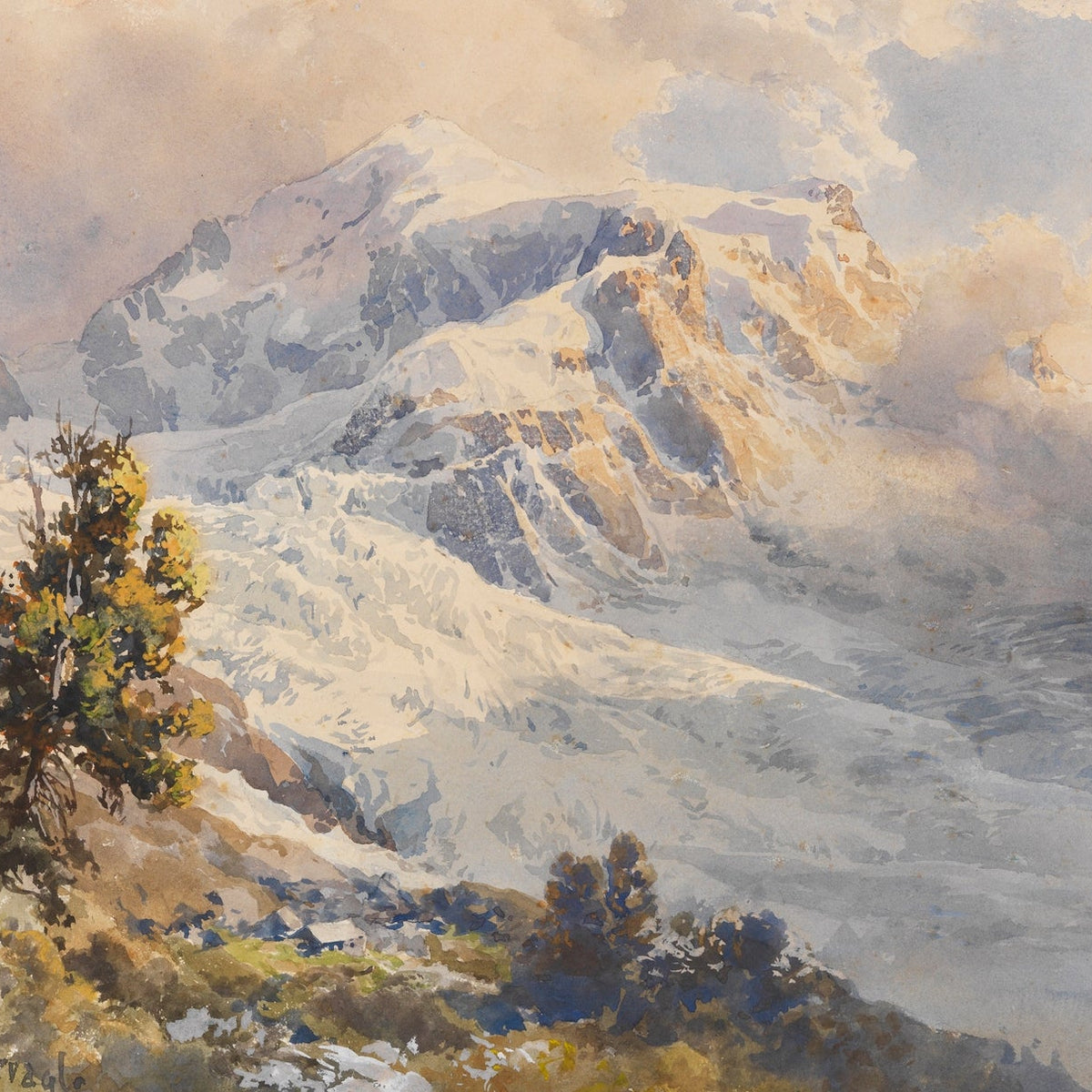 Hand-painted snowy alpine peaks at sunrise landscape oil painting on canvas