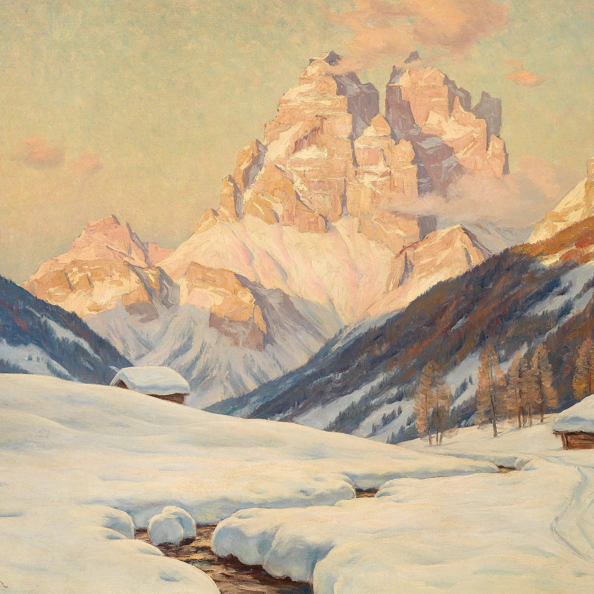 Snowy Alpine Valley at Sunrise – Hand - Painted Landscape Oil Painting - Oil Painting Haven