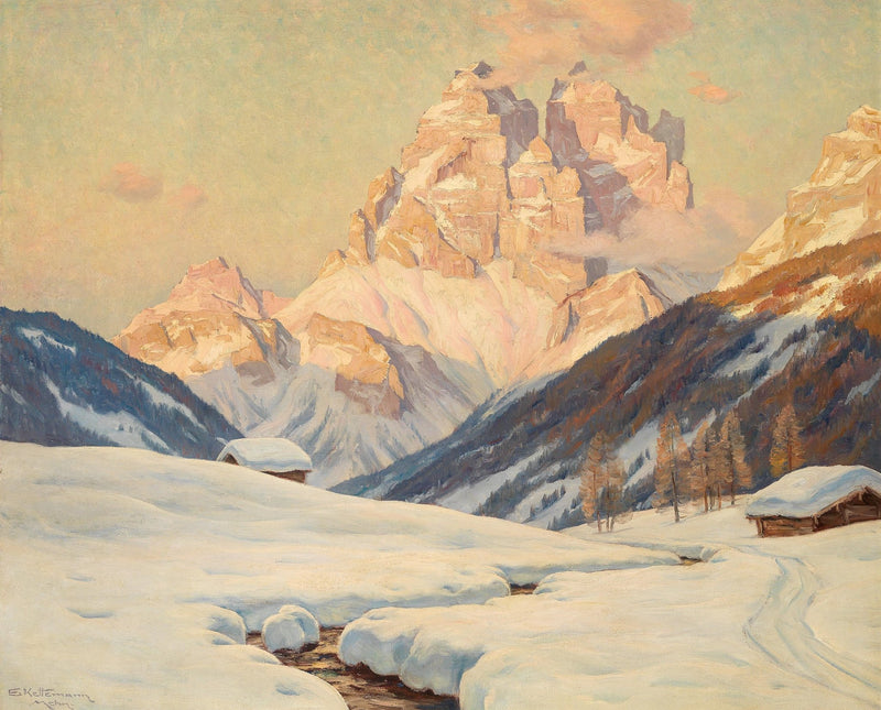 Snowy Alpine Valley at Sunrise – Hand - Painted Landscape Oil Painting - Oil Painting Haven