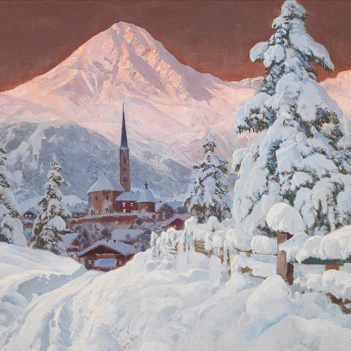Snowy Alpine Village, Church, Mountain Peaks – Landscape Oil Painting - Oil Painting Haven