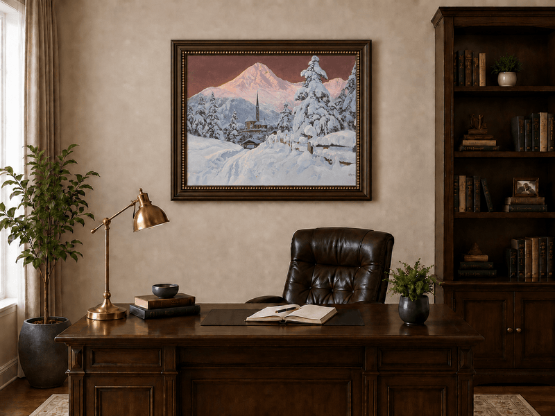 Framed hand-painted snowy alpine village oil painting with a church and pink mountain peaks displayed above a traditional home office desk.
