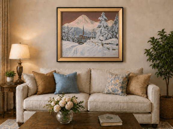 Framed hand-painted snowy alpine village oil painting with a church and pink mountain peaks displayed above a neutral living room sofa.