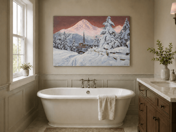 Unframed hand-painted snowy alpine village oil painting with a church and pink mountain peaks displayed above a freestanding bathtub.