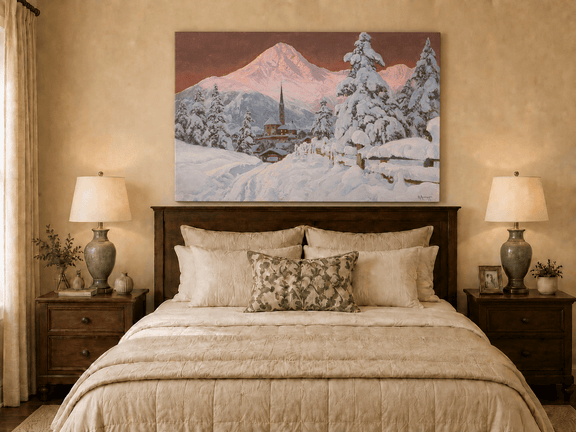 Unframed hand-painted snowy alpine village oil painting with a church and pink mountain peaks displayed above a wooden bed in a neutral bedroom.