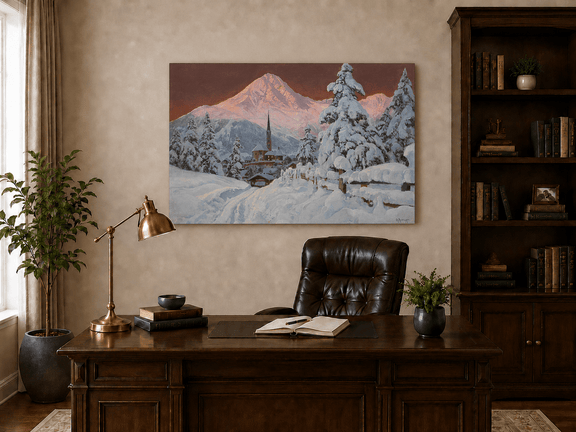 Unframed hand-painted snowy alpine village oil painting with a church and pink mountain peaks displayed above a traditional home office desk.