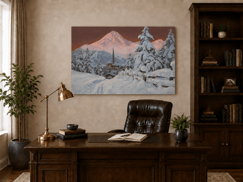 Unframed hand-painted snowy alpine village oil painting with a church and pink mountain peaks displayed above a traditional home office desk.