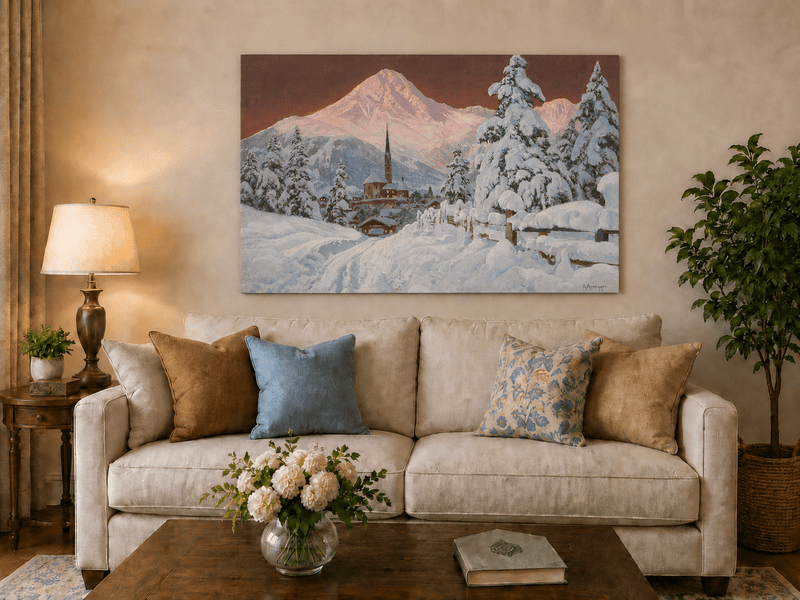 Unframed hand-painted snowy alpine village oil painting with a church and pink mountain peaks displayed above a neutral living room sofa.