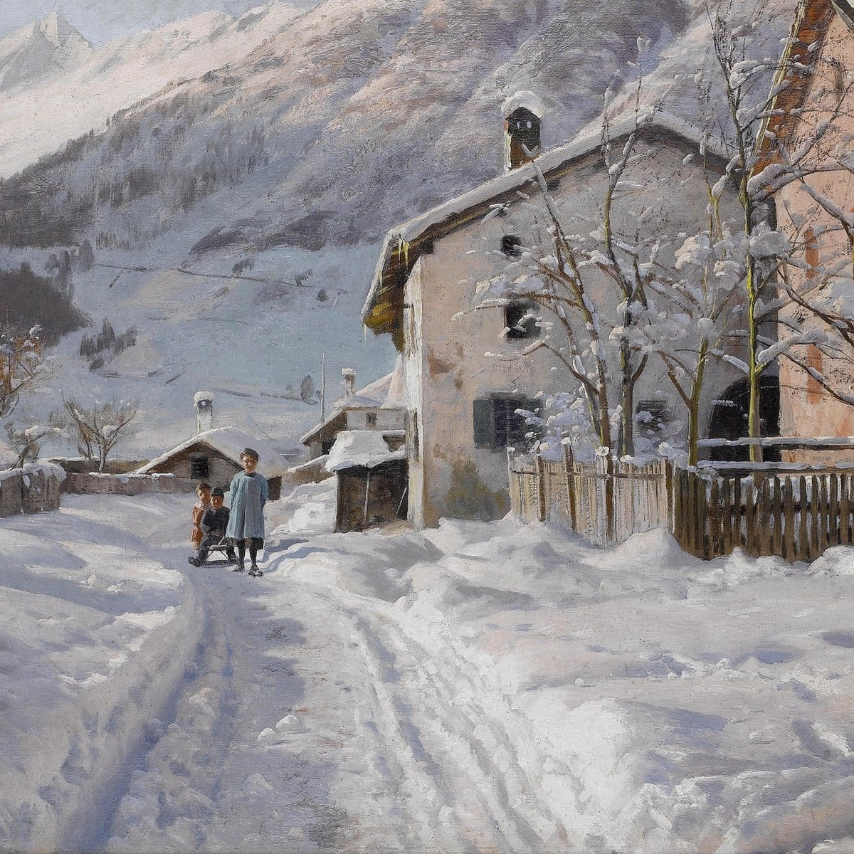 Snowy Alpine Village Path – Hand - Painted Landscape Oil Painting - Oil Painting Haven