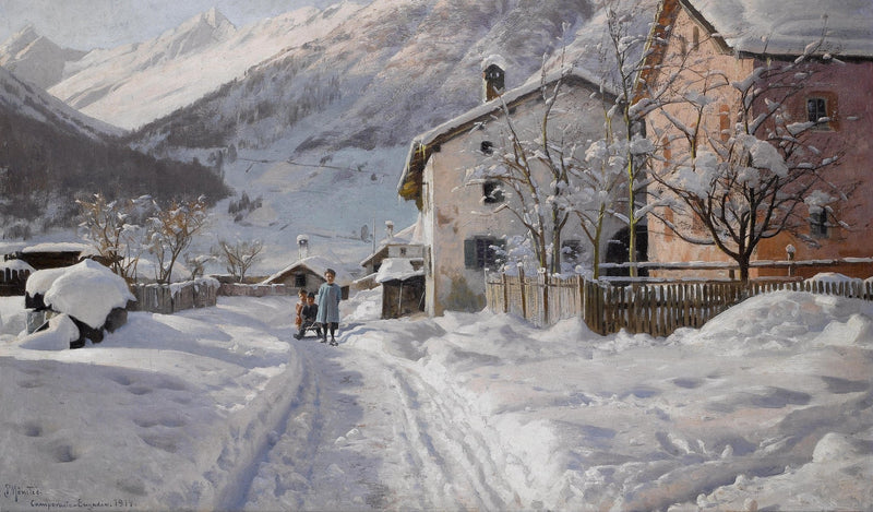 Snowy Alpine Village Path – Hand - Painted Landscape Oil Painting - Oil Painting Haven