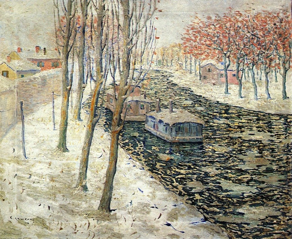 Hand-painted snowy canal with boats and bare trees landscape oil painting on canvas