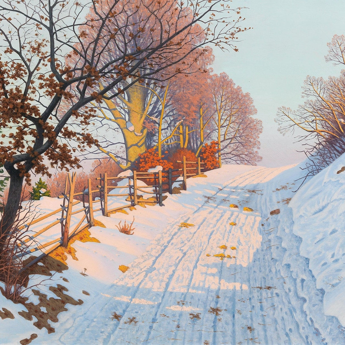 Snowy Country Path with Bare Trees – Landscape Oil Painting - Oil Painting Haven