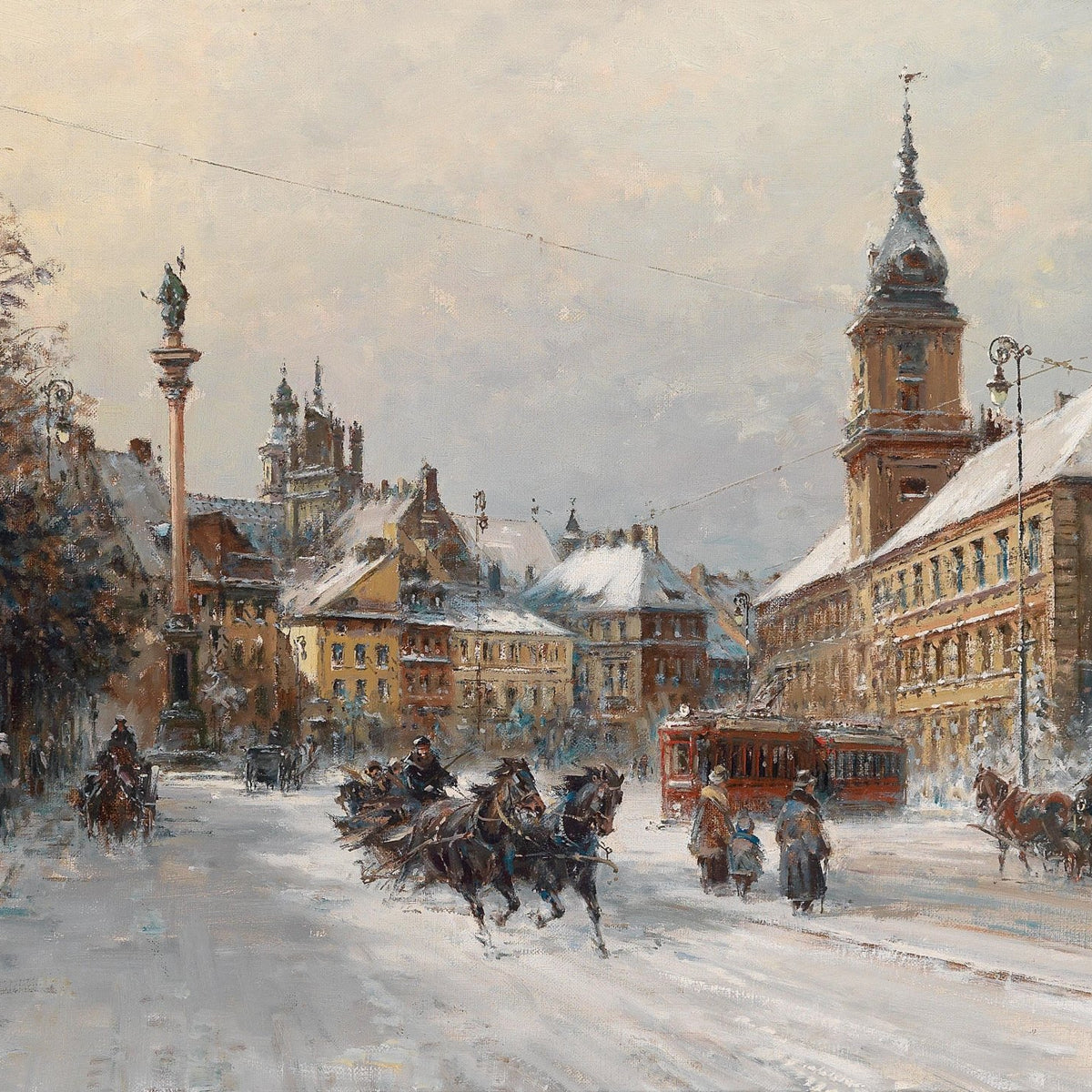 Snowy European City Street, Horses, Figures – Landscape Oil Painting - Oil Painting Haven