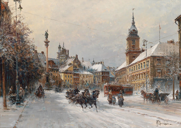Snowy European City Street, Horses, Figures – Landscape Oil Painting - Oil Painting Haven
