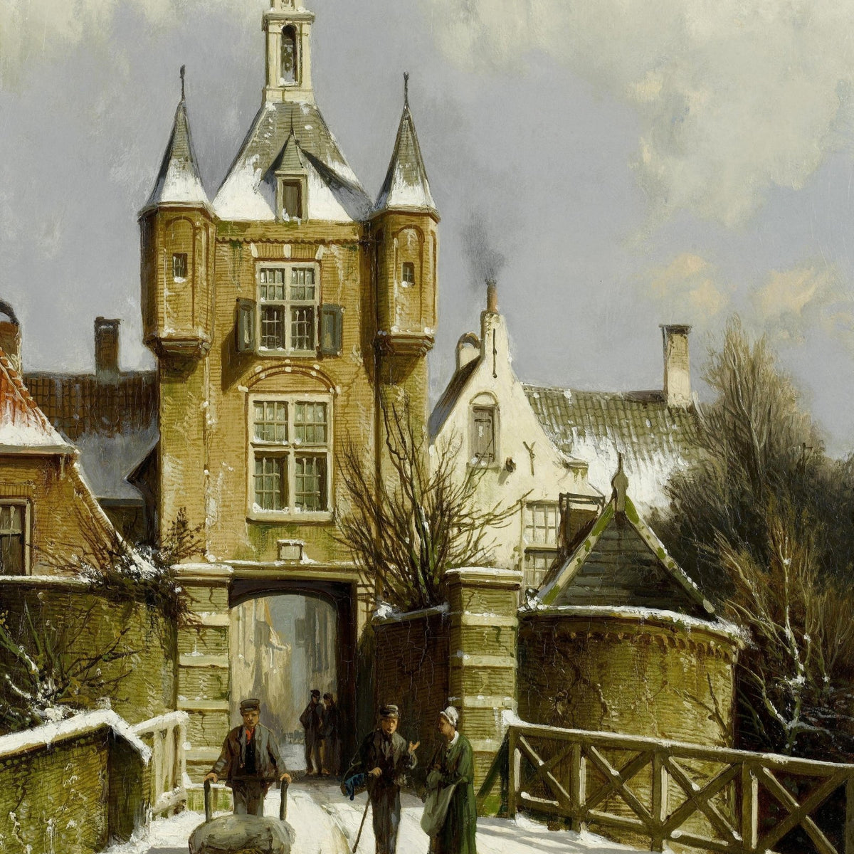 Snowy European Town Gate, Historic Buildings – Landscape Oil Painting - Oil Painting Haven