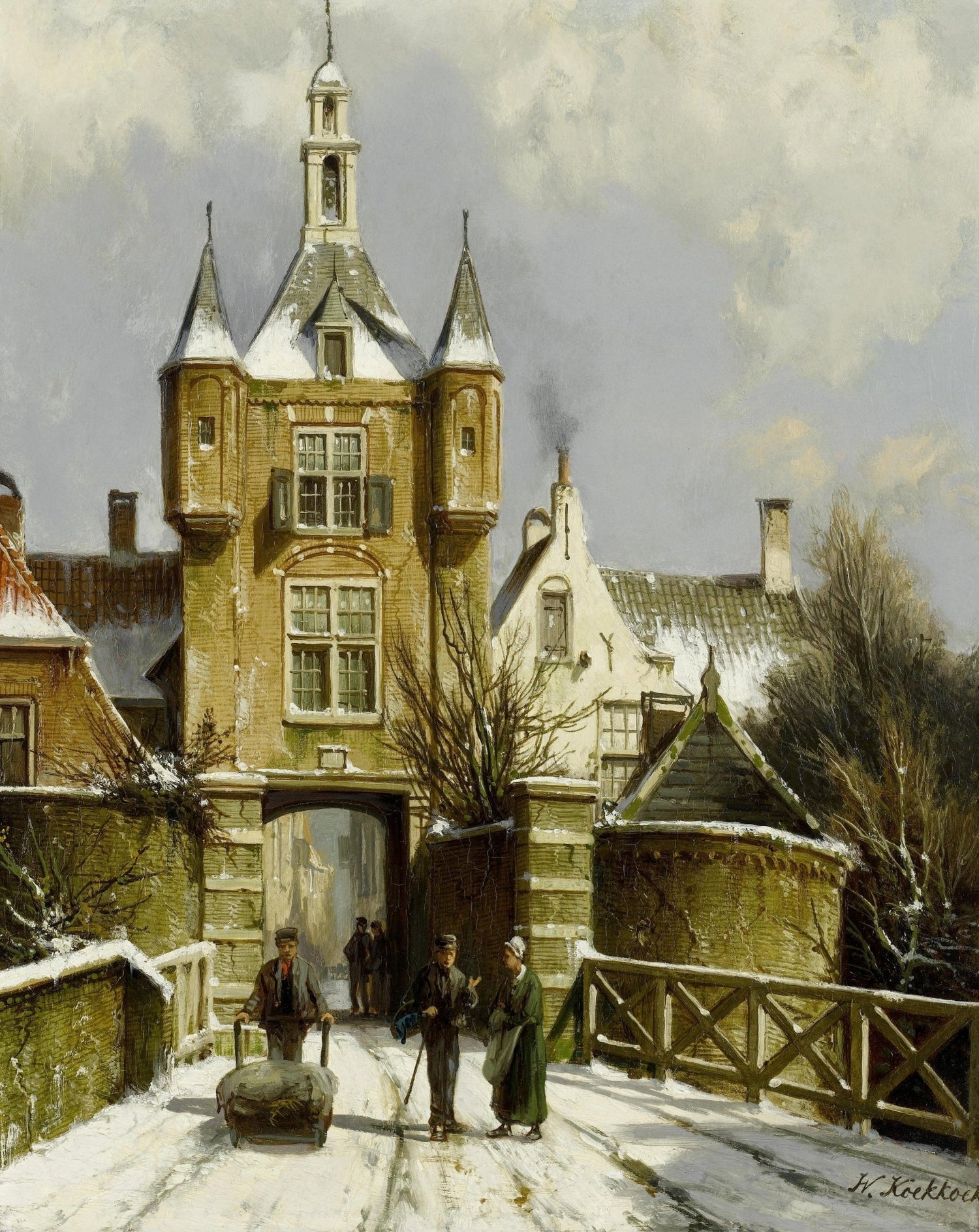 Snowy European Town Gate, Historic Buildings – Landscape Oil Painting - Oil Painting Haven
