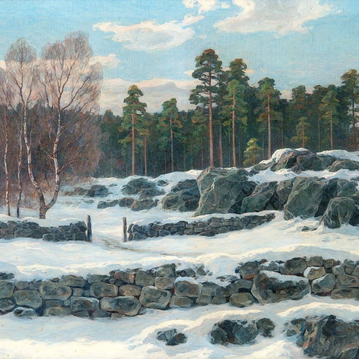 Snowy Forest, Rocky Hillside – Hand - Painted Landscape Oil Painting - Oil Painting Haven