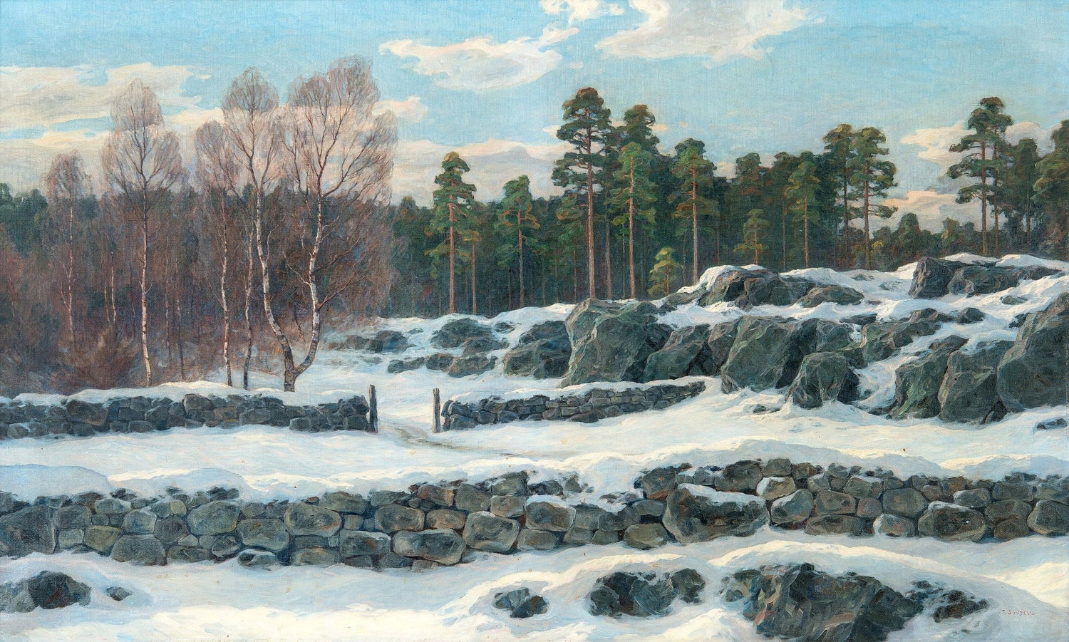 Snowy Forest, Rocky Hillside – Hand - Painted Landscape Oil Painting - Oil Painting Haven