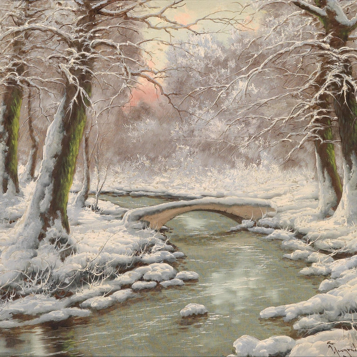 Snowy Forest Stream with Stone Bridge – Landscape Oil Painting - Oil Painting Haven